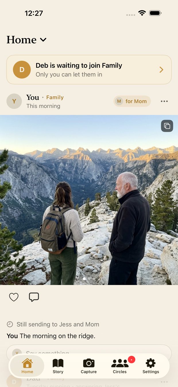 The YourCelf home feed: a family's private photos, shared only to the people in their circle.