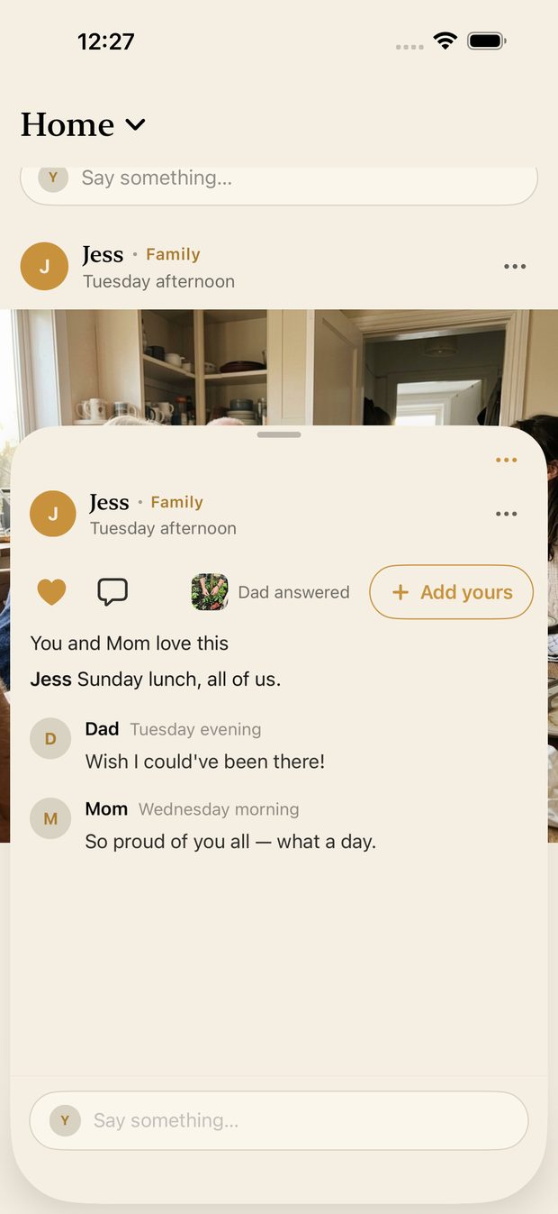A family sharing a Sunday afternoon in a private circle, everyone replying with their own photo of the same day.