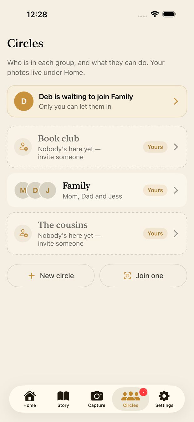 The Circles screen showing Family, Book club and The cousins, each private and invite-only.