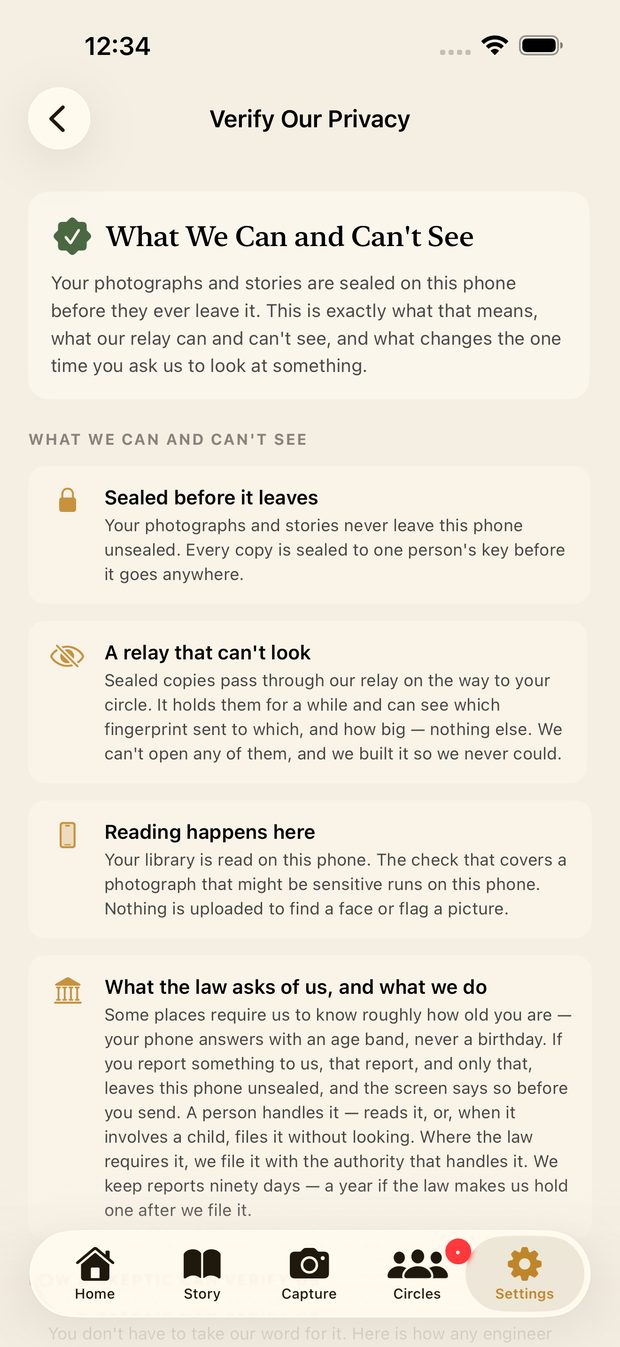 The in-app privacy screen explaining, in plain language, what YourCelf can and cannot see.